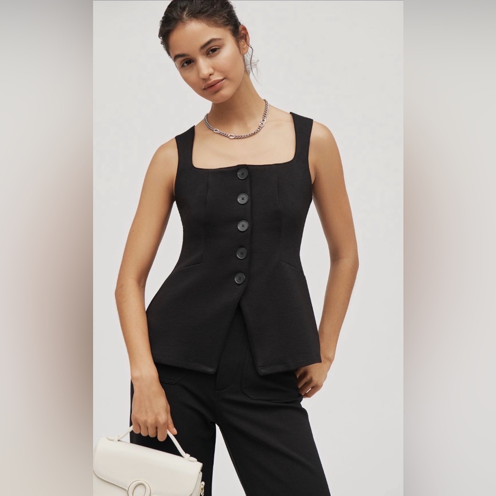 Anthropologie Black Button-Front Square-Neck Tank Top